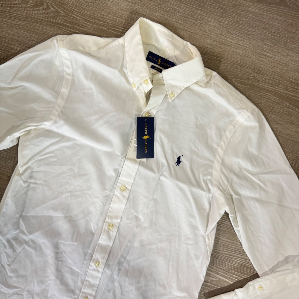 Ralph Lauren Button Down Shirt Mens Medium White Slim Fit Long Sleeve Pony Logo